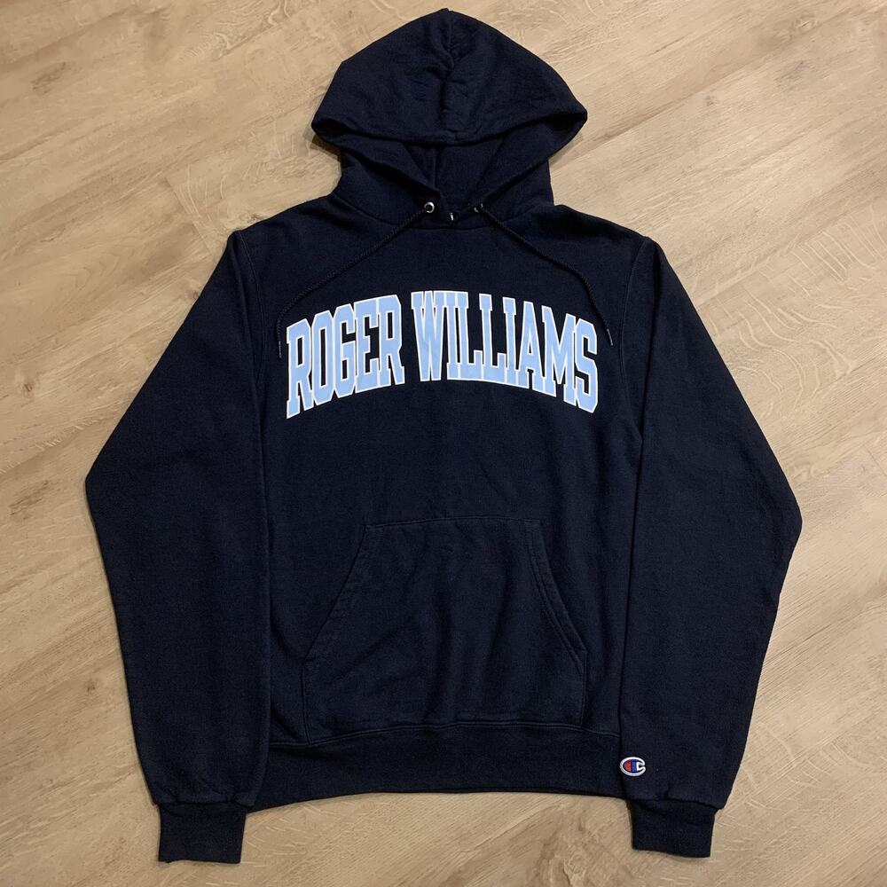 Champion RWU Roger Williams University Hawks Hoodie Blue Mens Small S Sweatshirt